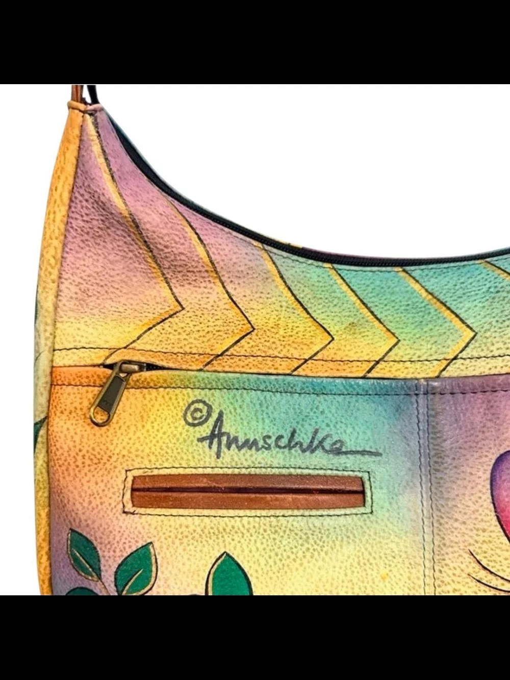 Anuschka Multicolor Butterfly Hobo Shoulder Bag with Brown Strap